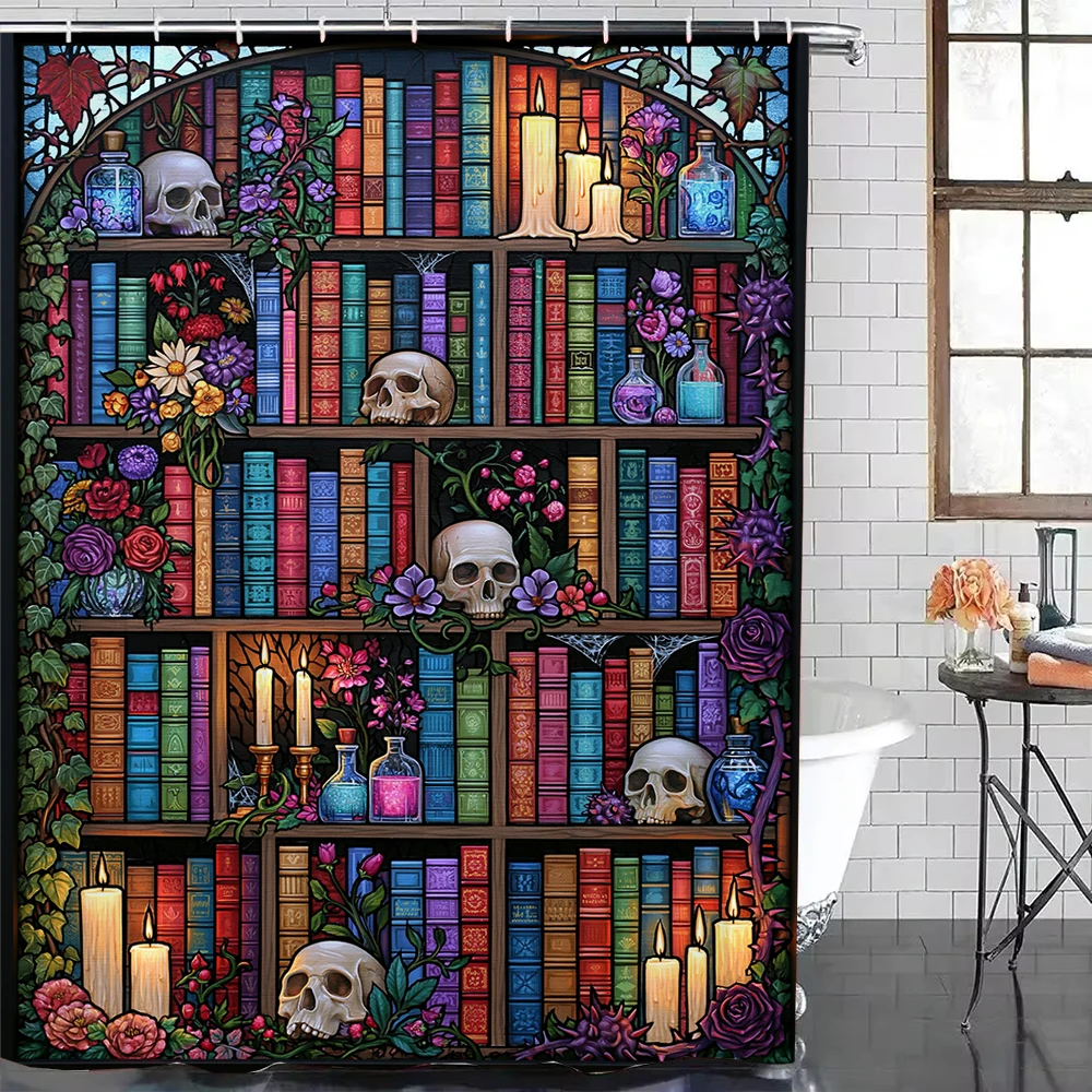 Vintage Bookshelf Library Shower Curtain Bookcase Books Retro Study Bathroom Decor Wizard Magic Room Polyester Bathtub Curtain