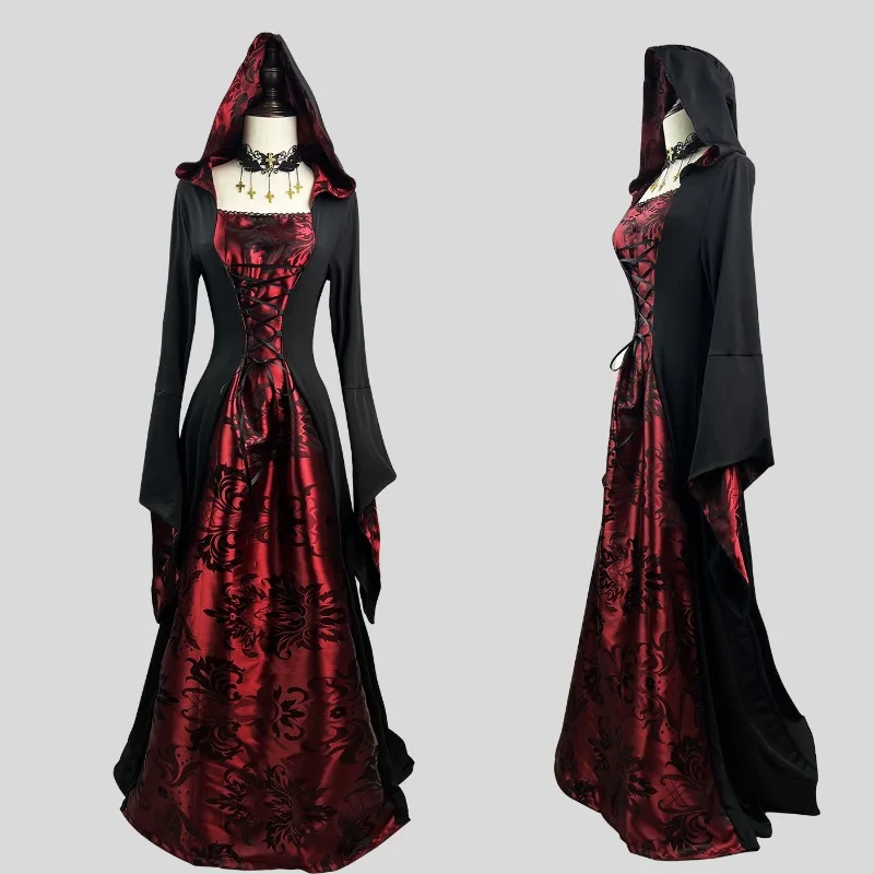 

Halloween Role Play Women Girls Cloak Black Red Robe Full Suit Bat Vampire Cosplay Outfit Witch Necromancer Cosplay Costume