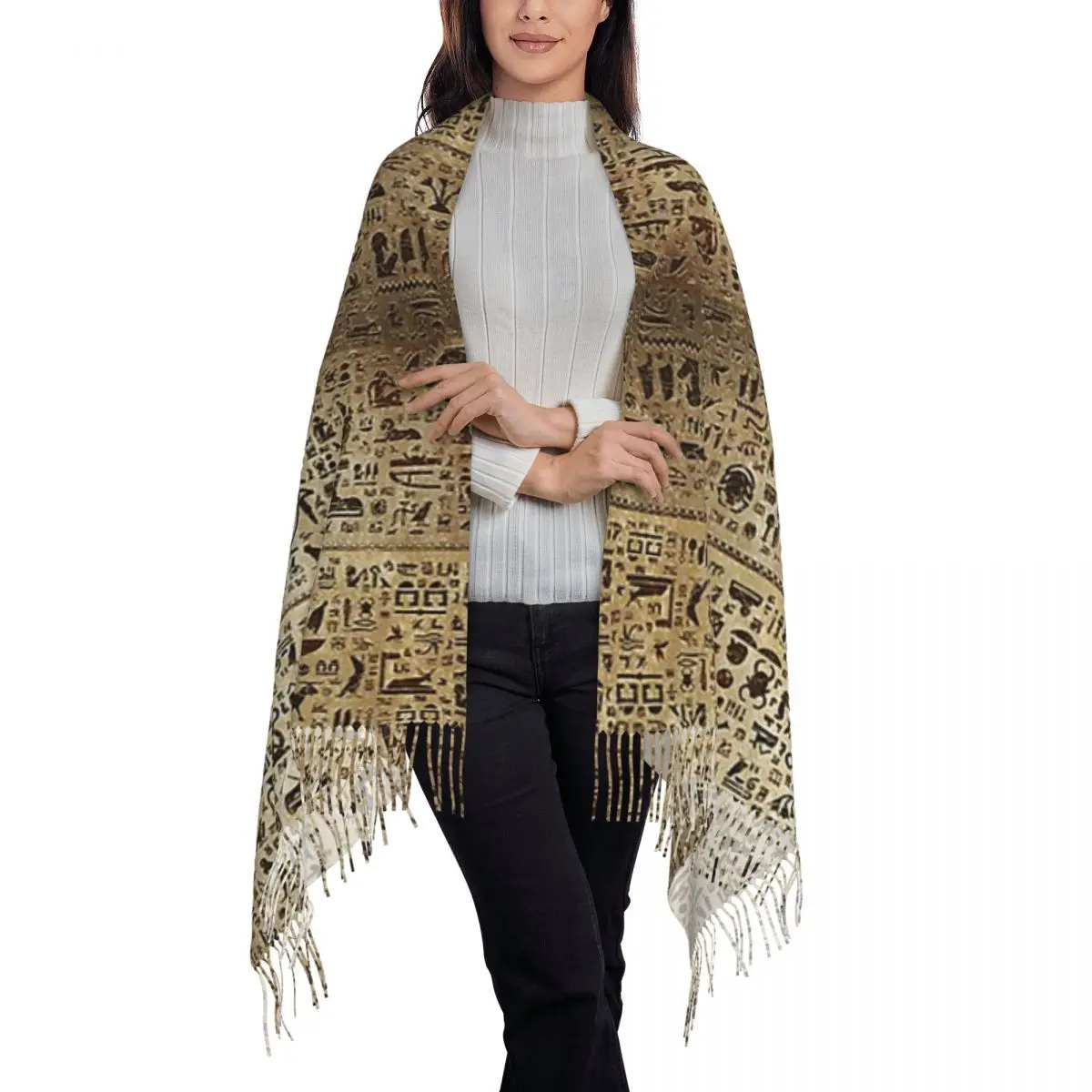 Egyptian Hieroglyphs And Deities Scarf Tassel Scarves Women Soft Warm Shawls and Wraps Long Fall Winter Shawl Wrap