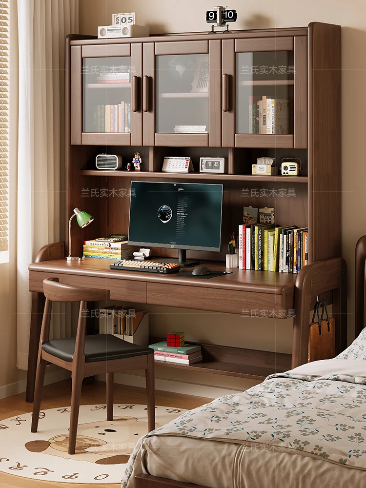 

Solid wood desk bookshelf integrated table student home bookcase combination study table small apartment bedroom bedside compute