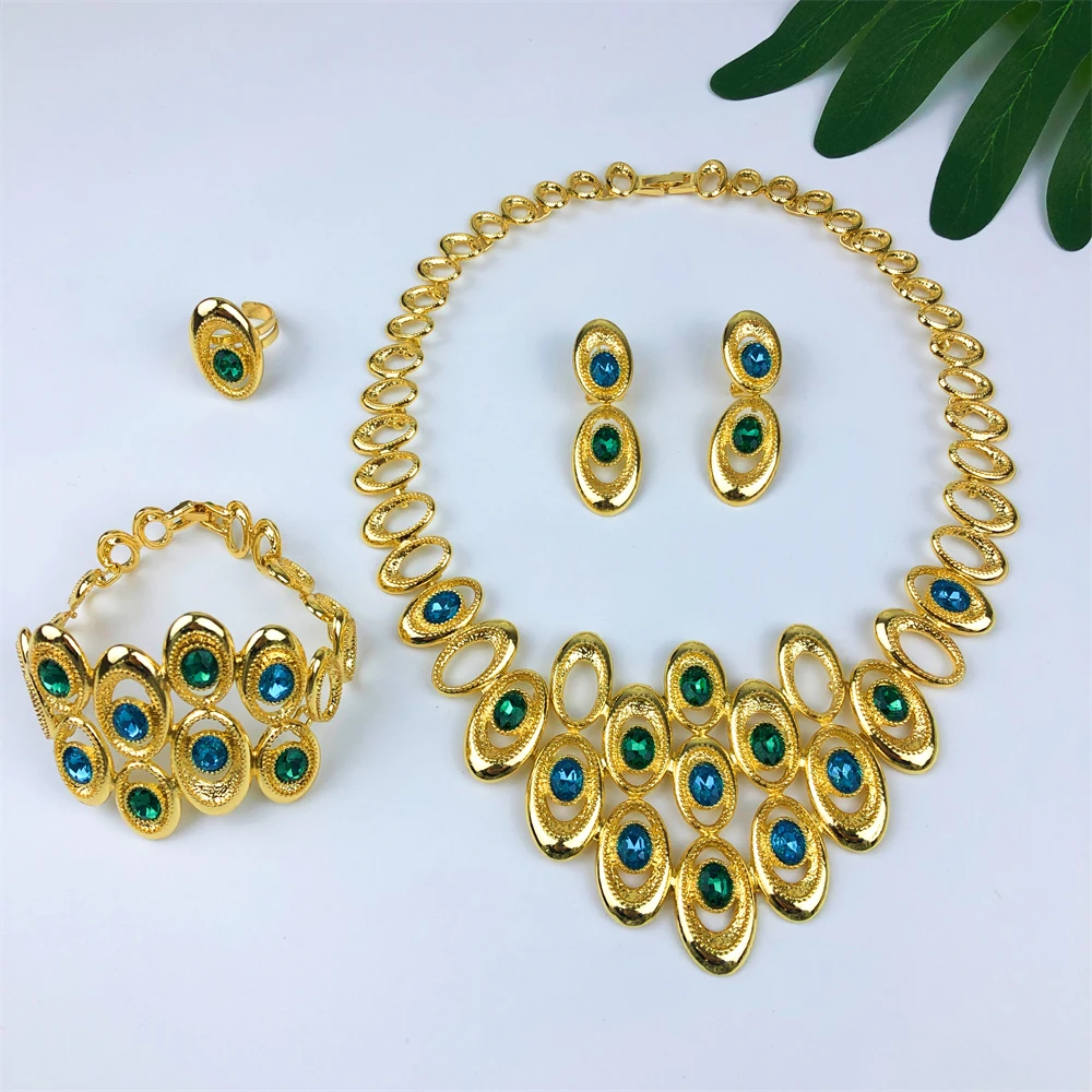 

TITI Dubai Gold Plated Jewelry Set For Women Vintage Rhinestone Necklace Earrings Bracelet Ring Full Set Jewelry Wedding Gift