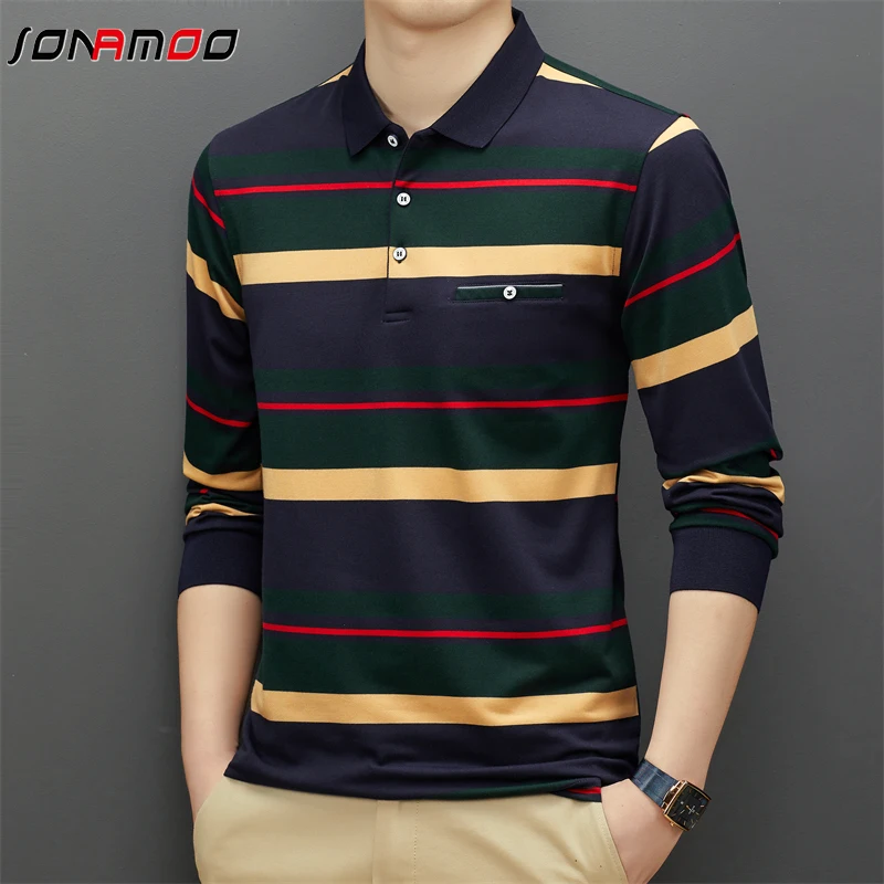 Spring and Autumn Long Sleeve Polo Shirt Fashion Stripe Men\'s Polo Neck Top Pure Cotton Daily Long Sleeve Polo Shirt