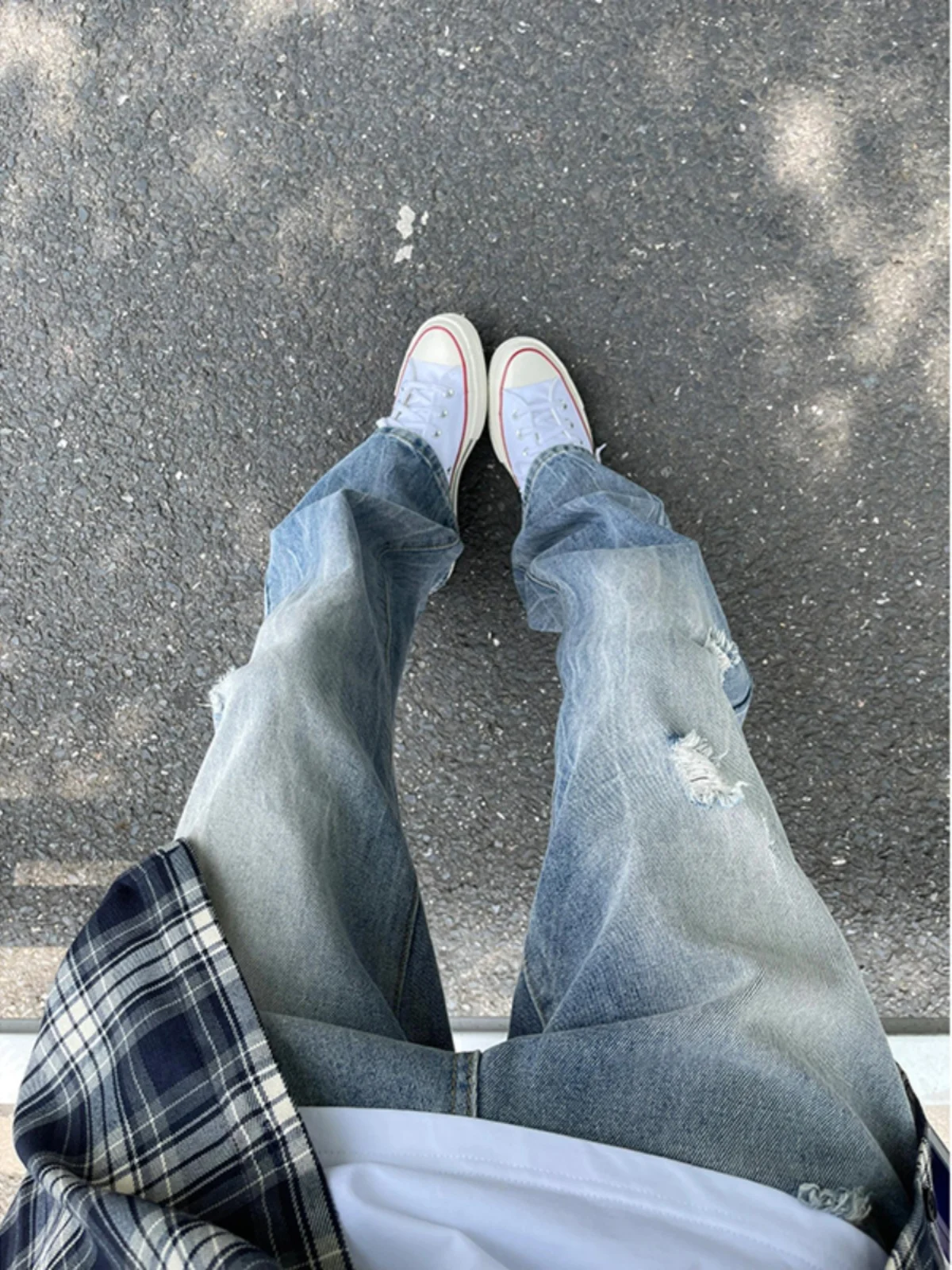 

Light Blue Ripped Jeans Men Summer Trendy Brand Waed Flared Straight Leg Long Pants Men's Faion High-End Feelings Pants