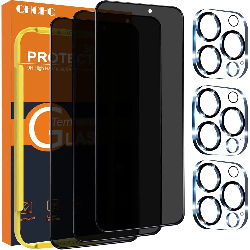 iPhone 16 Pro Max Privacy Screen Protector + Camera Lens Guard, Military Grade Tempered Glass, 9H Hardness, Full Coverage, Durab