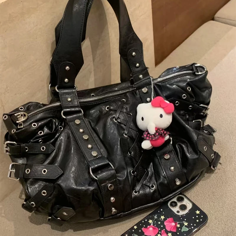 

Rivet Luxury Desinger Vintage Women's Handbag Fashion High Quality Lace-up Punk Motorcycle Bag Ladies Large Capacity Travel Bag