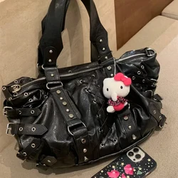 Rivet Luxury Desinger Vintage Women's Handbag Fashion High Quality Lace-up Punk Motorcycle Bag Ladies Large Capacity Travel Bag