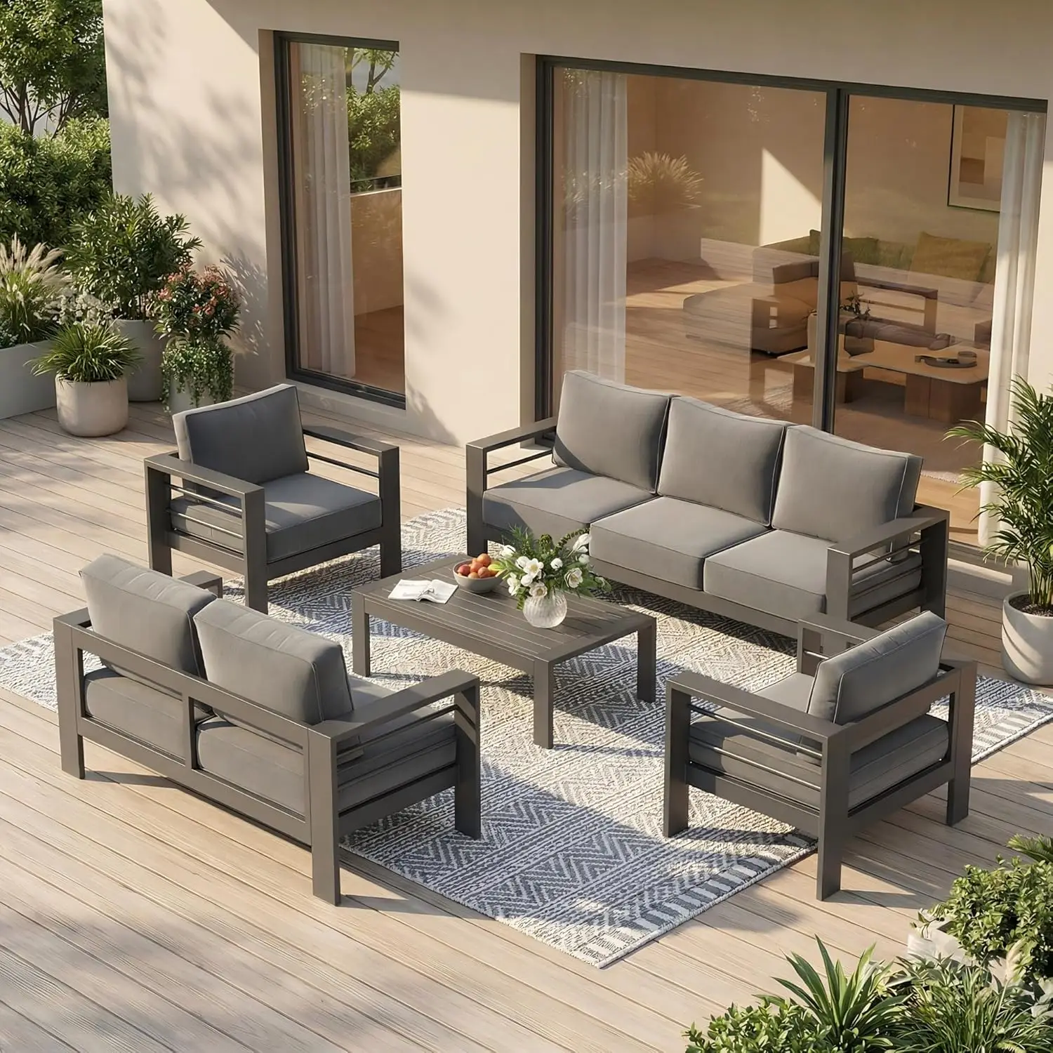 

Aluminum Outdoor Patio Furniture Set, 7 Seats Patio Sectional Sofa with 5" Thick Cushion, Outdoor Patio Set with Coffee, Custom