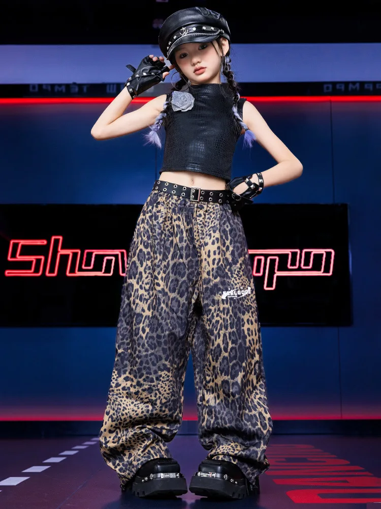 

Kid Hip Hop Clothing Black Mock Neck Flower Crop Tank Top Leopard Print Casual Wide Pants for Girl Jazz Dance Costumes Clothes