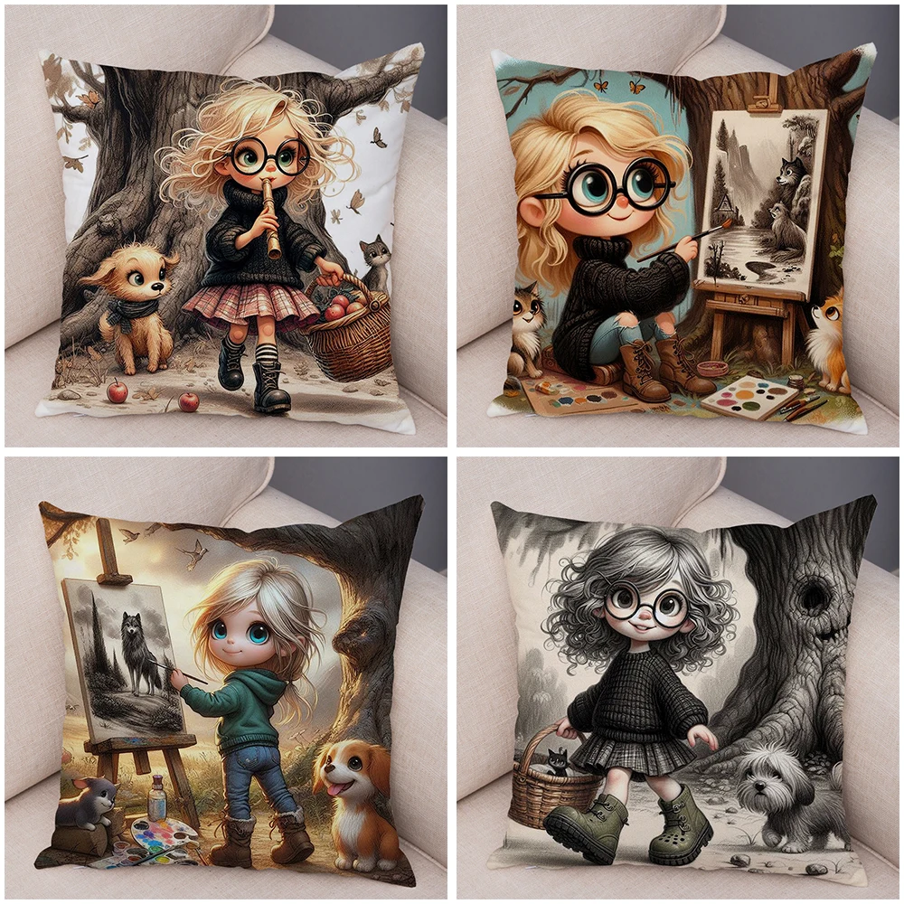 Poszewka na poduszkę Cute Cartoon Forest Girl and Pet Dog z podwójnym nadrukiem na sofę Poszewka na poduszkę 40x40cm Miękka pluszowa poszewka na