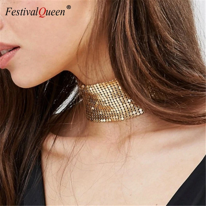 FestivalQueen Y2k Metallic Sequins Choker Necklace Women Wedding Glitter Accessories Shiny Plated Chain Punk Gothic Chokers Jewe