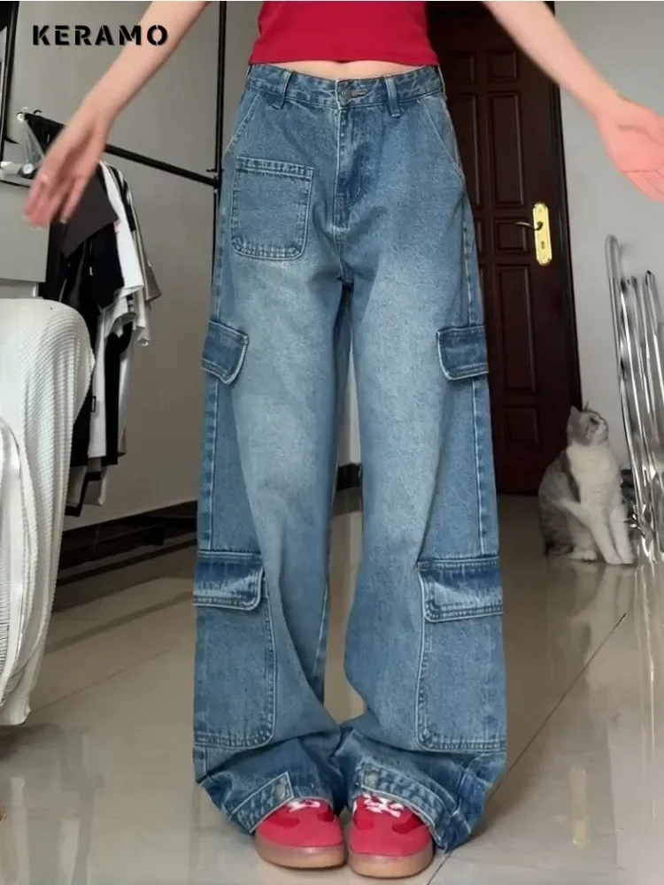 

Women's Casual Harajuku Washed Jeans 2024 Summer Vintage Pockets Loose Pants Y2K Wide Leg Light Blue Baggy Denim Trouser