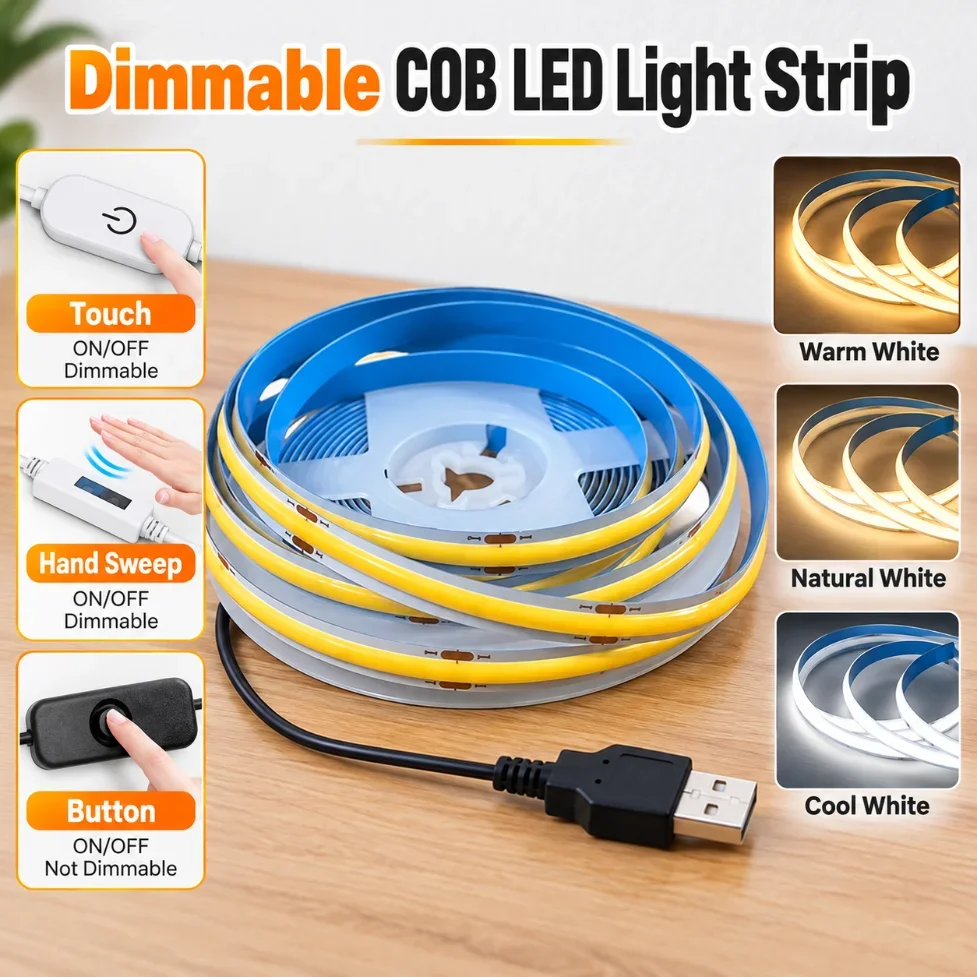 0.5-5m USB 5V COB LED Strip Light Dimmable Flexible Tape Lamp with Touch / Hand Sweep / Button Switch for Cabinet Home Decor