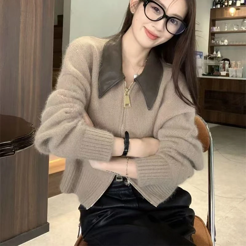 

Cashmere Knitted Sweater Autumn Cardigan Winter Design Sense Splicing Double Zipper Short Leather Collar Loose Coat JJ163