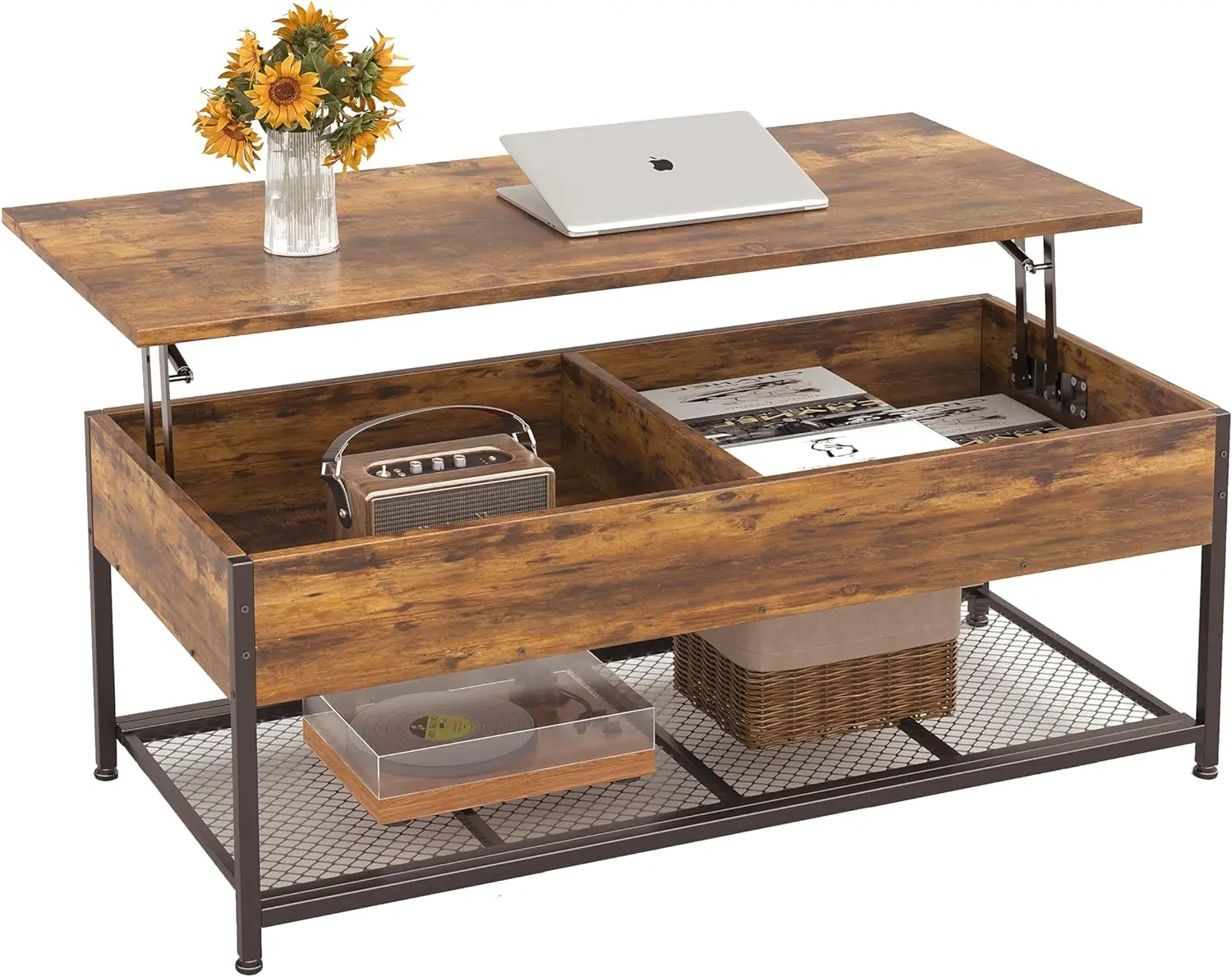 

Lift Top Table with Storage,Hidden Compartment and Open Shelf with Metal Mesh Door Cabinet Lift Top Coffee Table