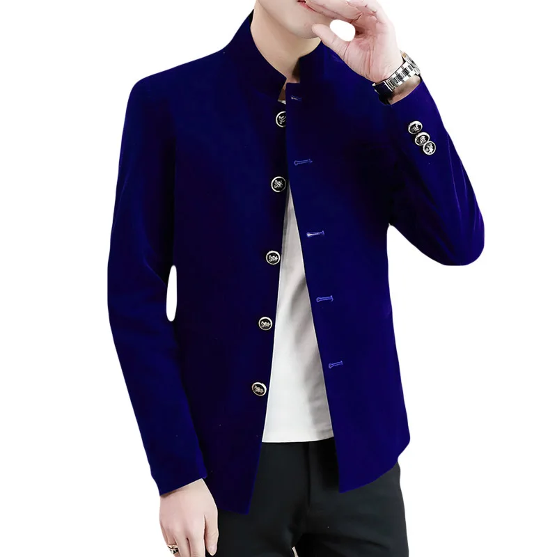 KIDWHXR Men Velvet Coat Stand Collar Single-breasted Man Suit Jacket Slim Solid Long Sleeve Wedding Male Casual Outerwear