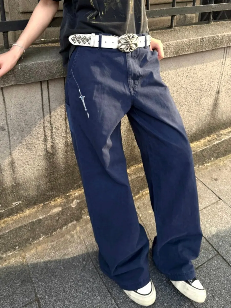Retro French Work Blue Embroidered Denim Pants  Hair Casual Loose Wide Leg Jeans Vintage Style Youth Summer Casual Wear