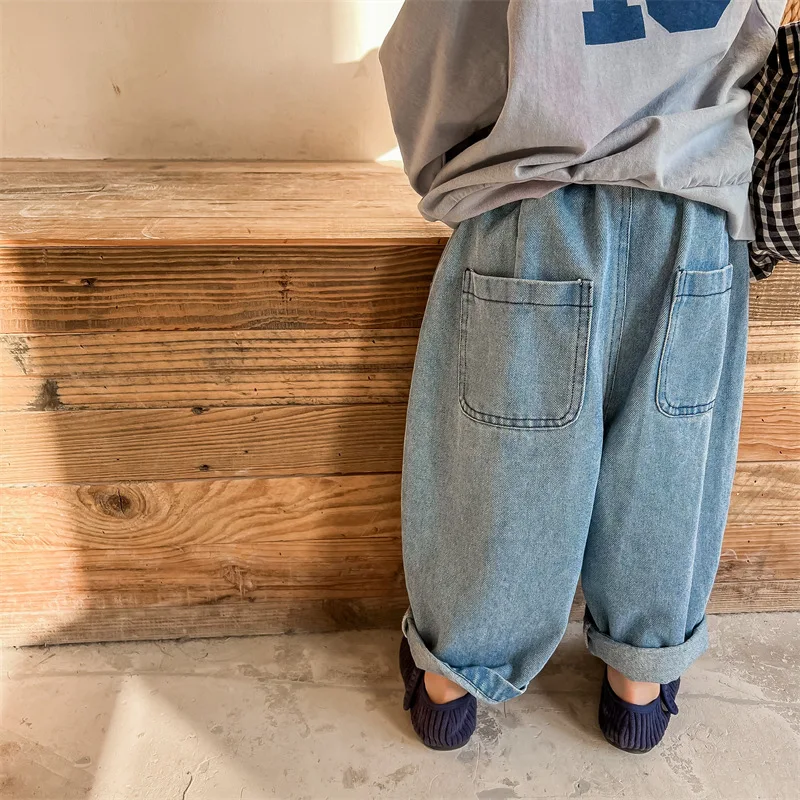 Children\'s Loose Denim Pants 2024 Autumn Korean Baby Boys Haren Pants Girls Casual Jeans Kids Clothes