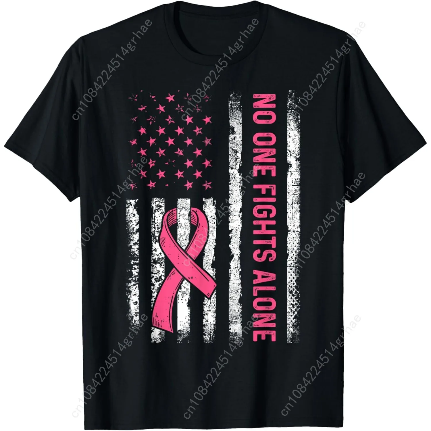 

No One Fights Breast Cancer Alone American Flag Pink Ribbon T-Shirt