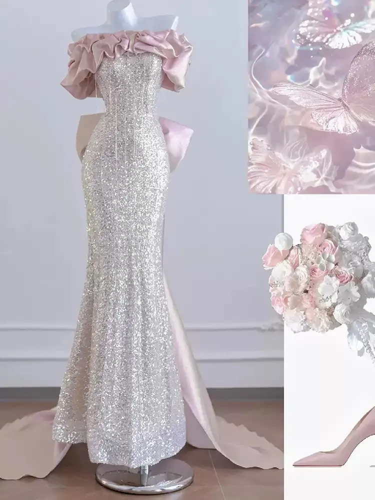 

Stunning Pink Evening Dresses Shining Sequins Strapless Lace-up Back Sweep Train Prom Dress Party Dresses