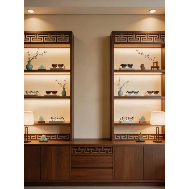 custom.Luxury Wall-Mounted Wooden Eyewear Display Cubical Design Varnished Ladder Shelf LED Lighting-He