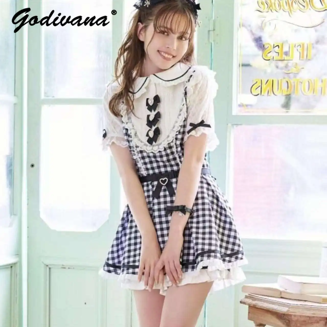 

Japanese Liz Sweet Dress Set Girl Women's Lolita Short-sleeved Slim Plaid Dress + Shorts Two-piece Set Spring and Summer Outfits