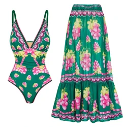 2024 New Women Swimsuit Set Deep V Retro Green Grapes Print Swimwear Beachwear Bathing Suit Bikini Monokini  Bodysuit two piece