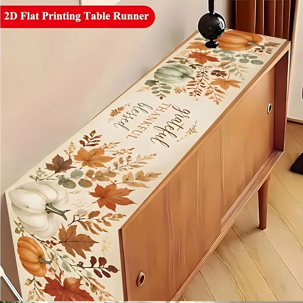 Linen Table Runner Off White Pumpkin Floral Leaf Watercolor Print Autumn Gathering Table