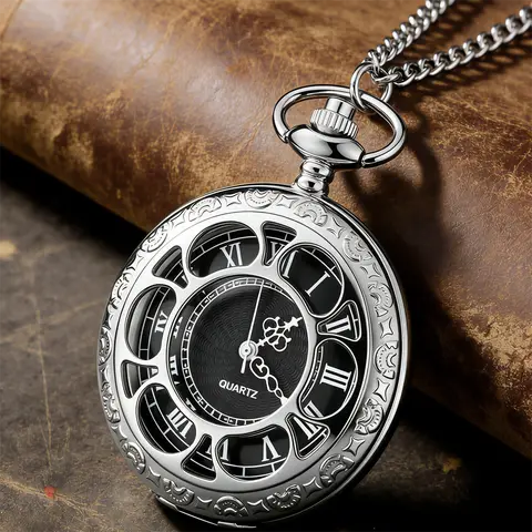 Vintage Retro Popular Silver Pocket Watch Hollow Skeleton Roman Numerals Quartz Pendant Necklace Watch for Women Men CF1573