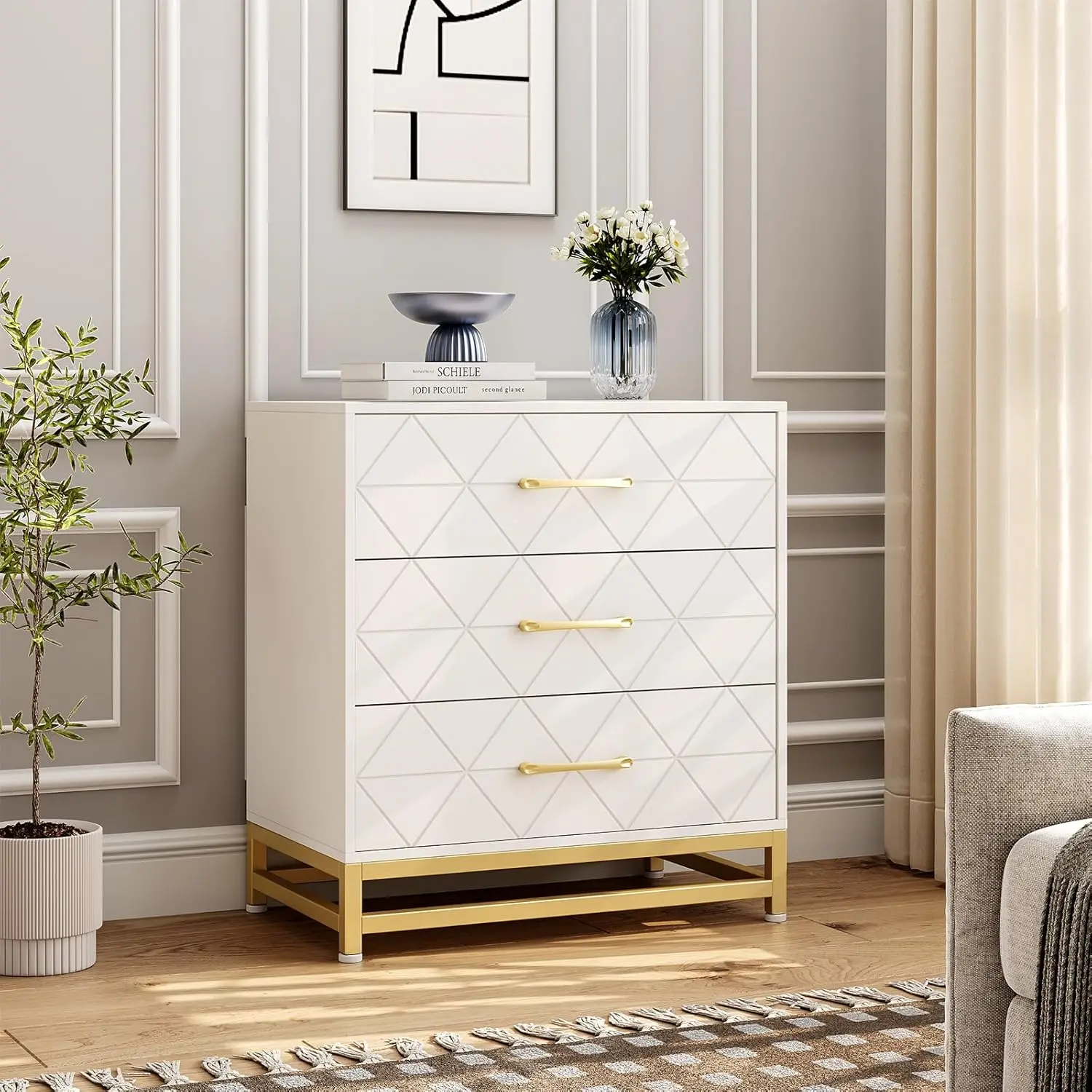 Dresser for Bedroom with 3 Drawer, Modern Dressers Chest of Drawers, with Wide Drawers and Metal Handles, Wood Dressers