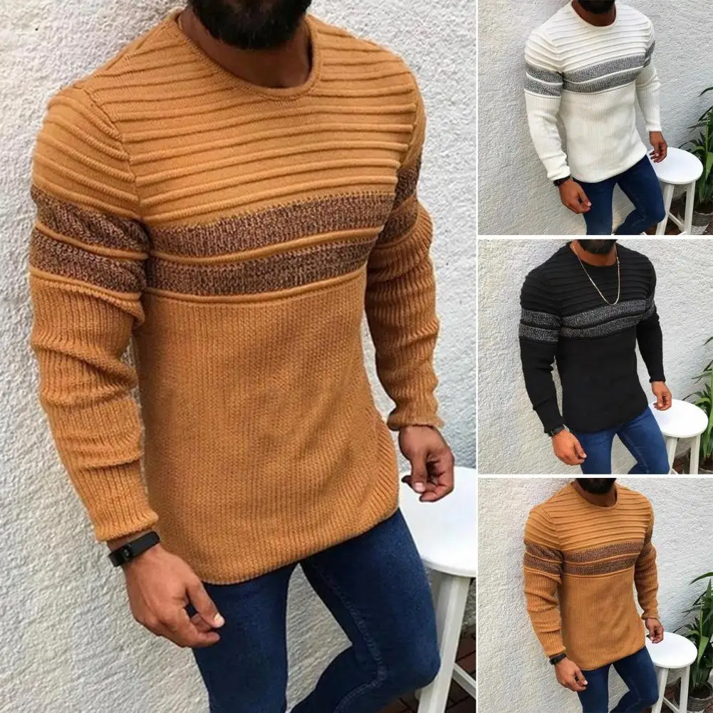 

Knitting Pullover Tops Fashionable Men's Striped Sweater Slim Fit Color-blocked Knitwear for Autumn/winter Long Sleeve Pullover