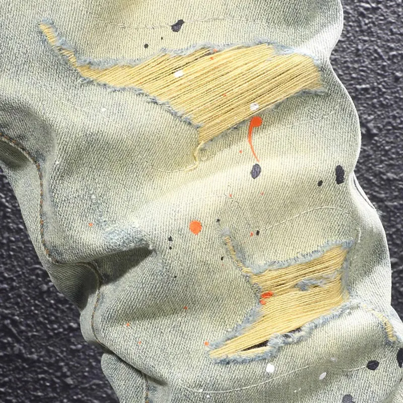 

Y2K Fashion New Jeans Scratch Washed Nostalgic Wrinkle Painted Retro Yellow Blue Jeans High Street Stretch Slim Embroidered