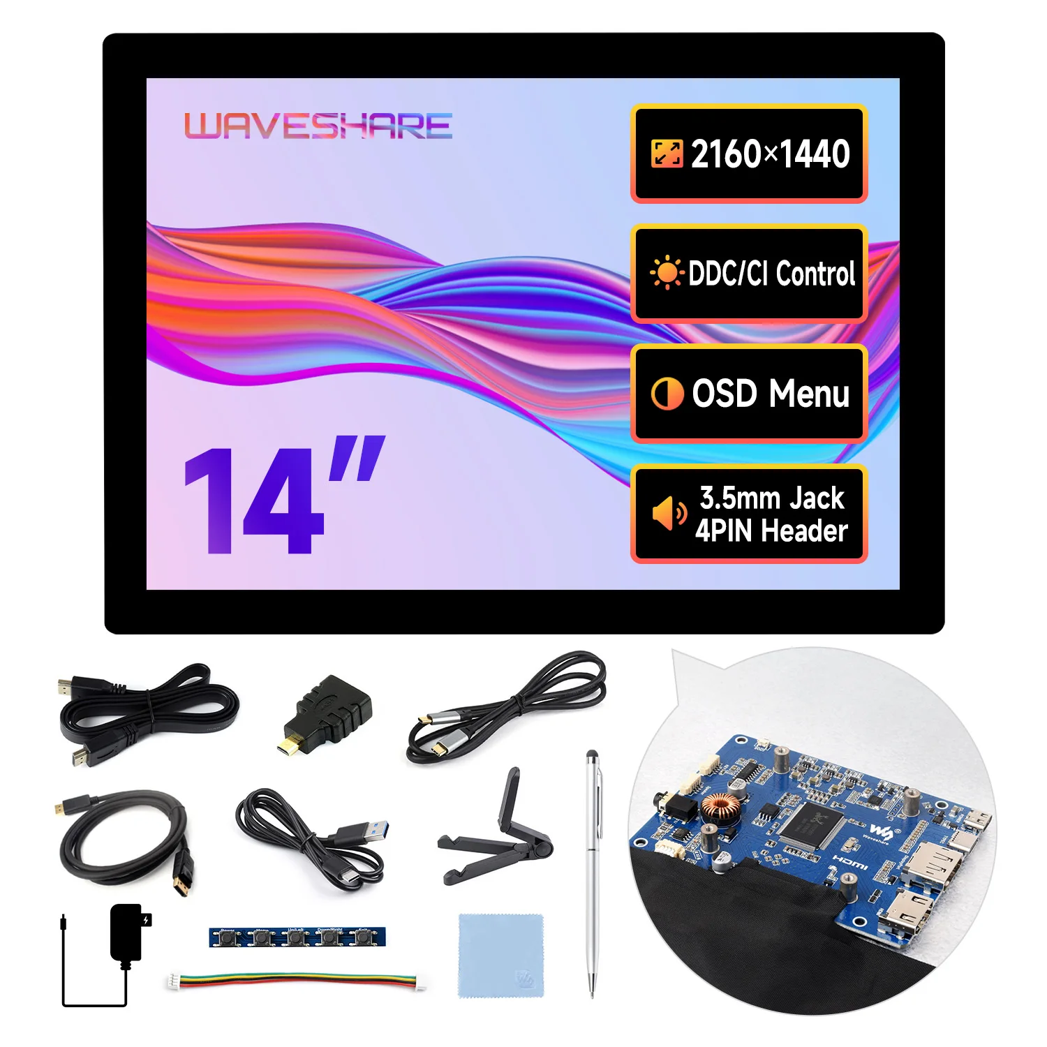 2026 14inch 2160x1440 LCD Waveshare Capacitive Touch Display High Resolution Image Quality 10-Point Optical Bonding Toughened