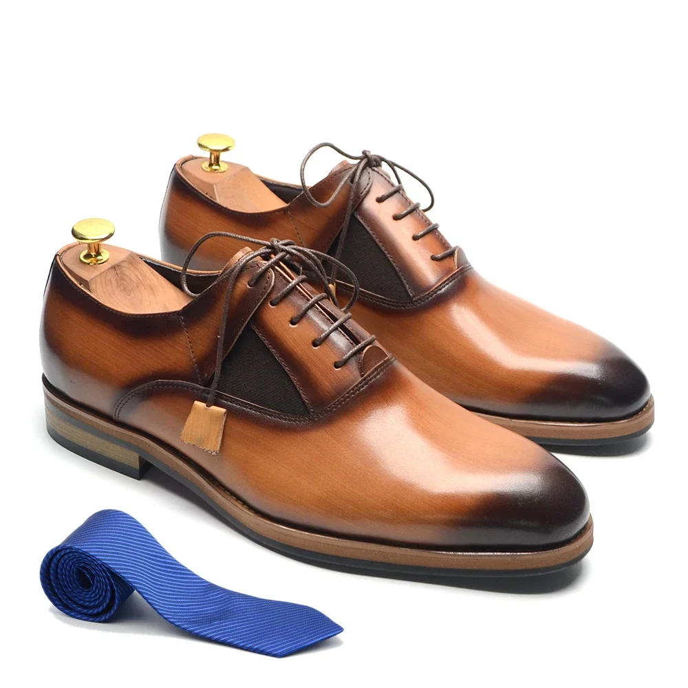 Luxury Brand Original Cowhide Genuine Leather Men's Oxford Dress Shoes Lace-up Plain Toe Handmade Wedding Business Shoes for Men