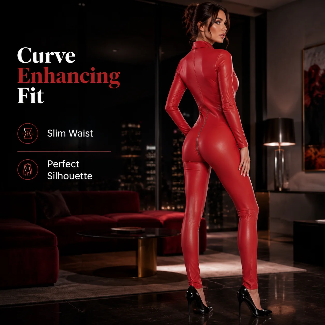 Women's Glossy Red Faux Leather Slim-Fit Long Sleeve Jumpsuit with Zipper Detail, Elegant Bodycon Suit for Nightclub Party 2026.