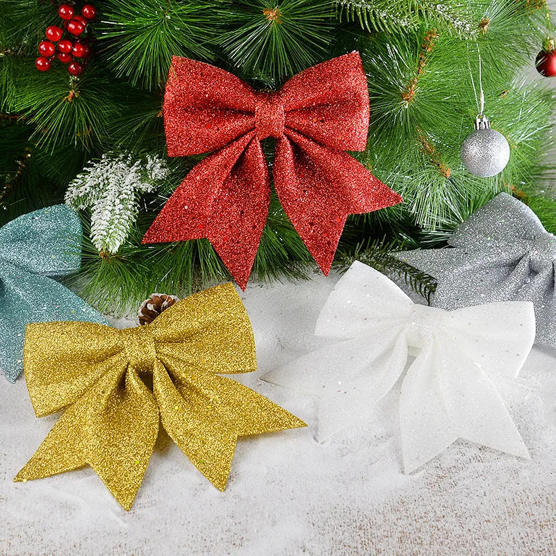 1pc Large Bows Glitter Christmas Ribbon Bow DIY Christmas Tree Ornament Xmas Wreath Hanging Bowknot Pendant New Year Party Decor