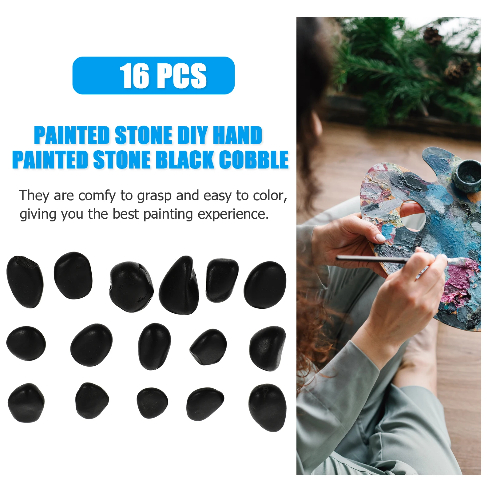 16 Pcs Stones Hand-painted Beach Pebbles Painting Rocks Kids Cactus Drawing For Kindness Black Toddler