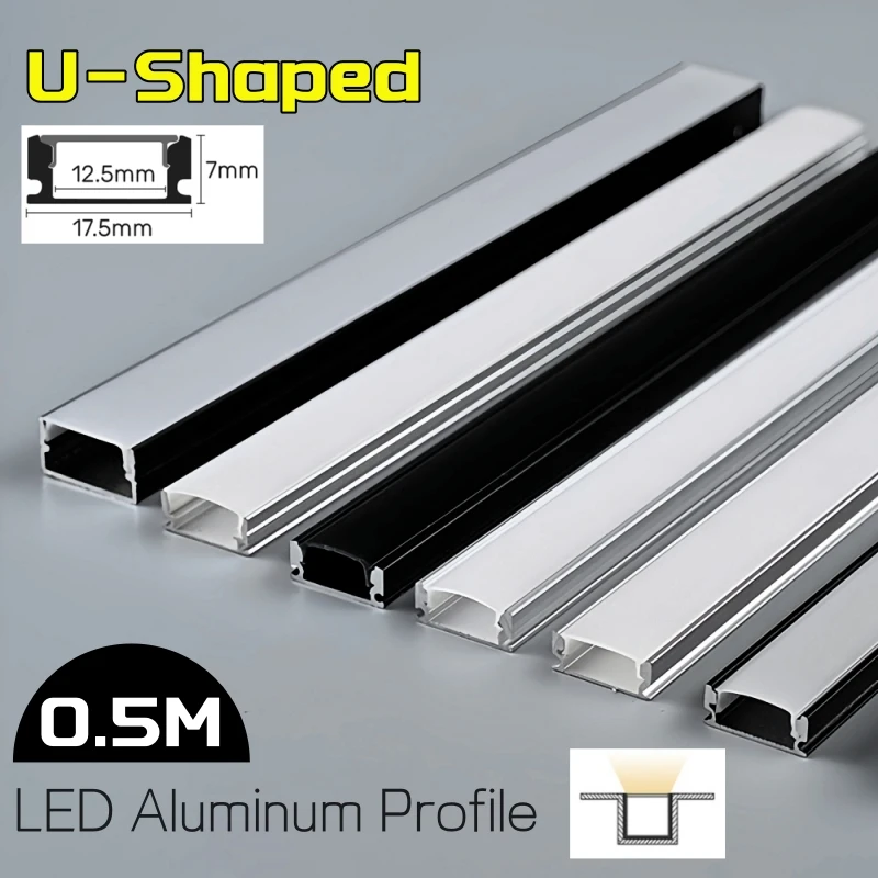 0.5m Recessed U-Type LED Aluminum Profile Silver/Black Channel Holder Milky Diffuser Closet Cabinet Shelf Linear Bar Strip Light