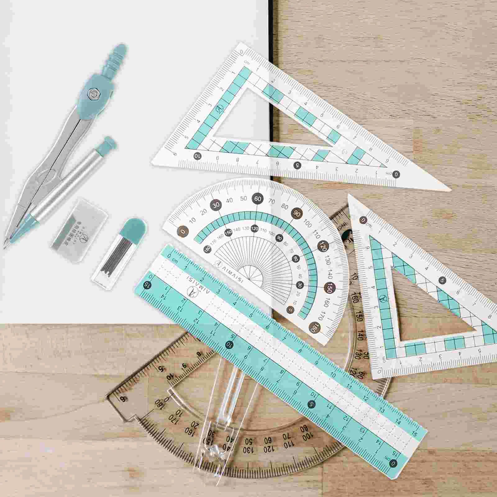 Ruler Set Scale Triangle Compass Drawing Protractor Measurement Tool and Wrought Iron Student Kit Board Office