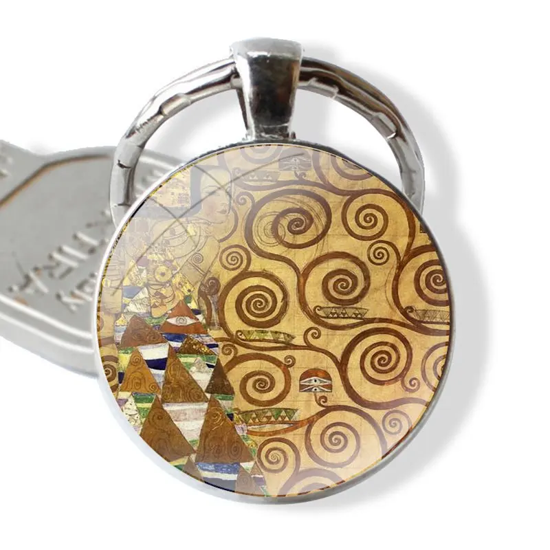 Keychain Handmade Glass Cabochon Key Ring Holder Pendant Key Chains Kiss by Gustav Klim Golden Tears Tree Boat Painting