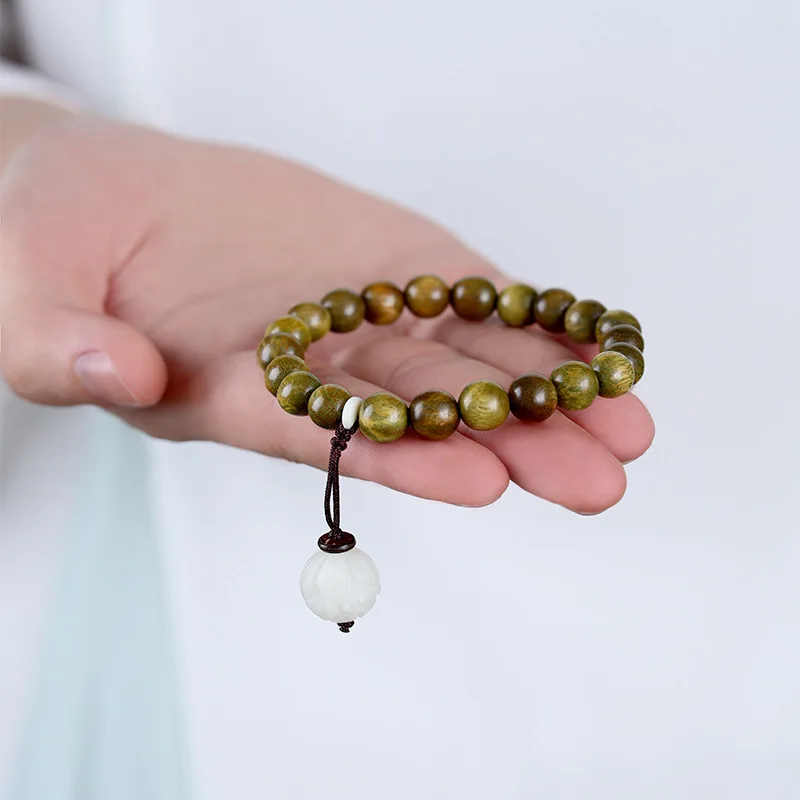 Natural Green Sandalwood Bracelets Tibetan Prayer Malas Wooden Beaded Bodhi Lotus Pendant Bracelet For Women Men Buddha Jewelry