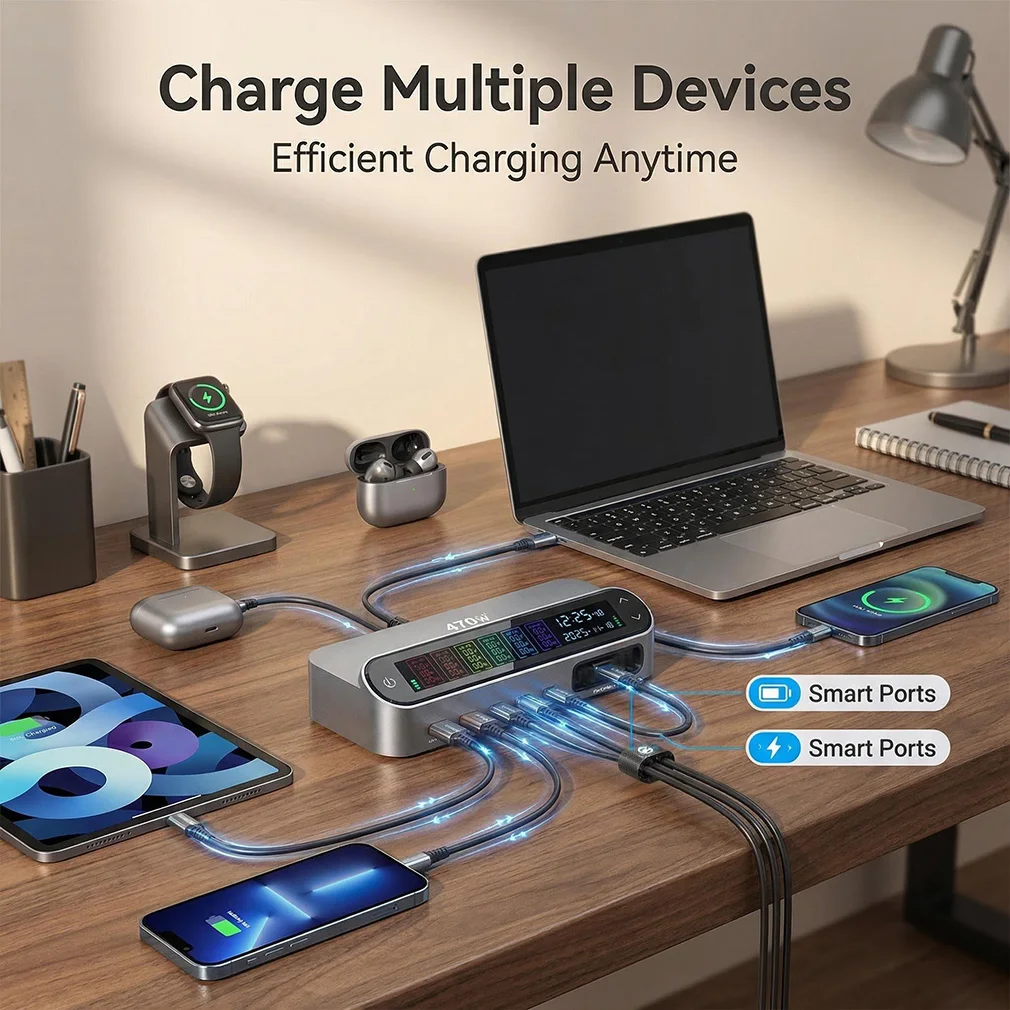 

Hot 470W/405W LCD Display Screen GAN Fast Charger 140W 6-port USB Type C Desktop Charging With 65W Scalable Charging Cable