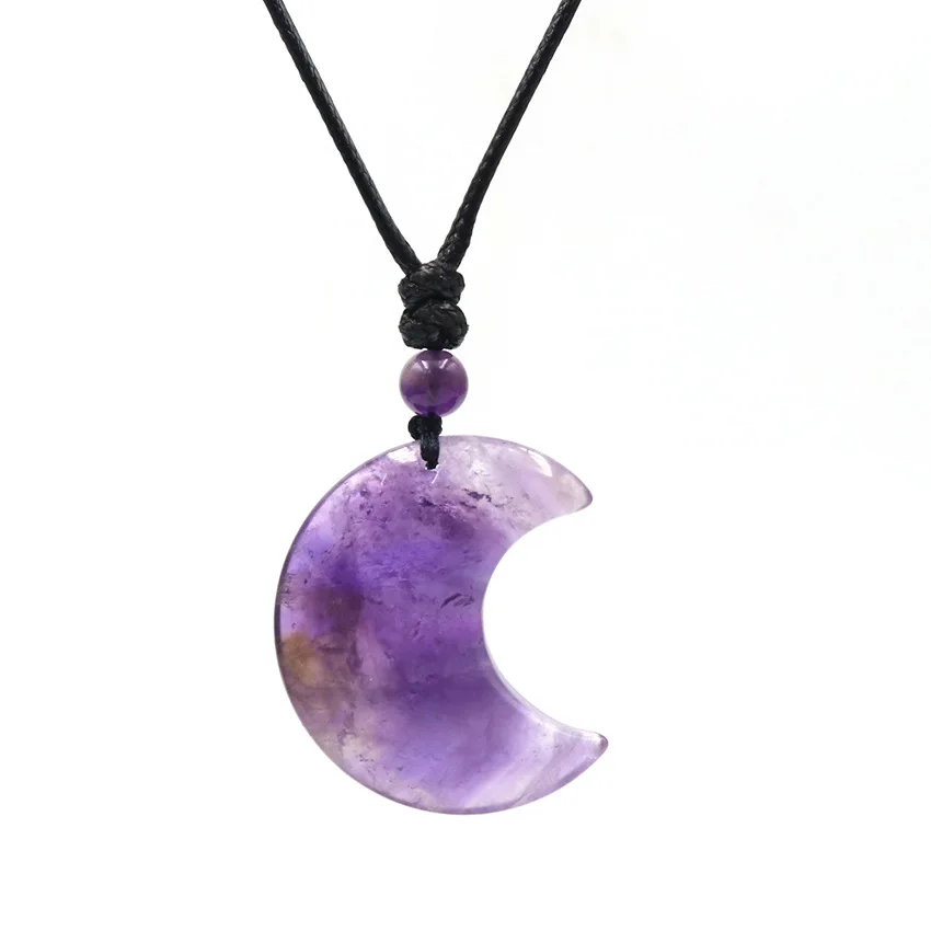 Collar de cuerda de cristal de luna creciente, colgante de piedra Natural, ojo de tigre, amatistas, cuarzo rosa, obsidiana negra, collar envolvente
