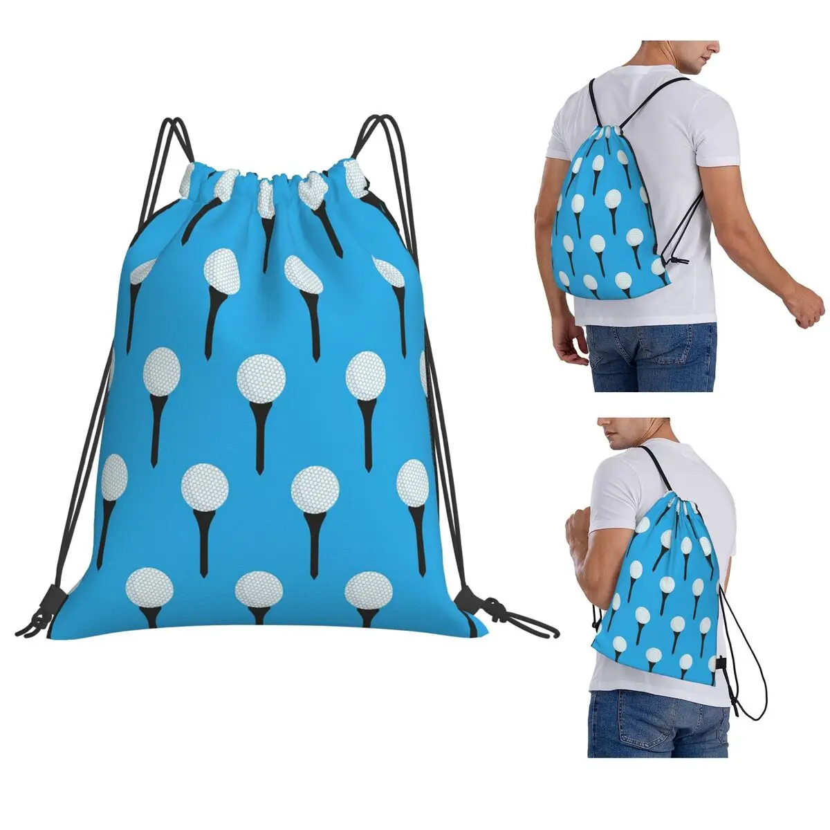 Golf Ball And Tee Pattern (Cyan Blue) Backpacks Fashion Drawstring Bundle Pocket Sports Bag Book Bags for Man Woman School