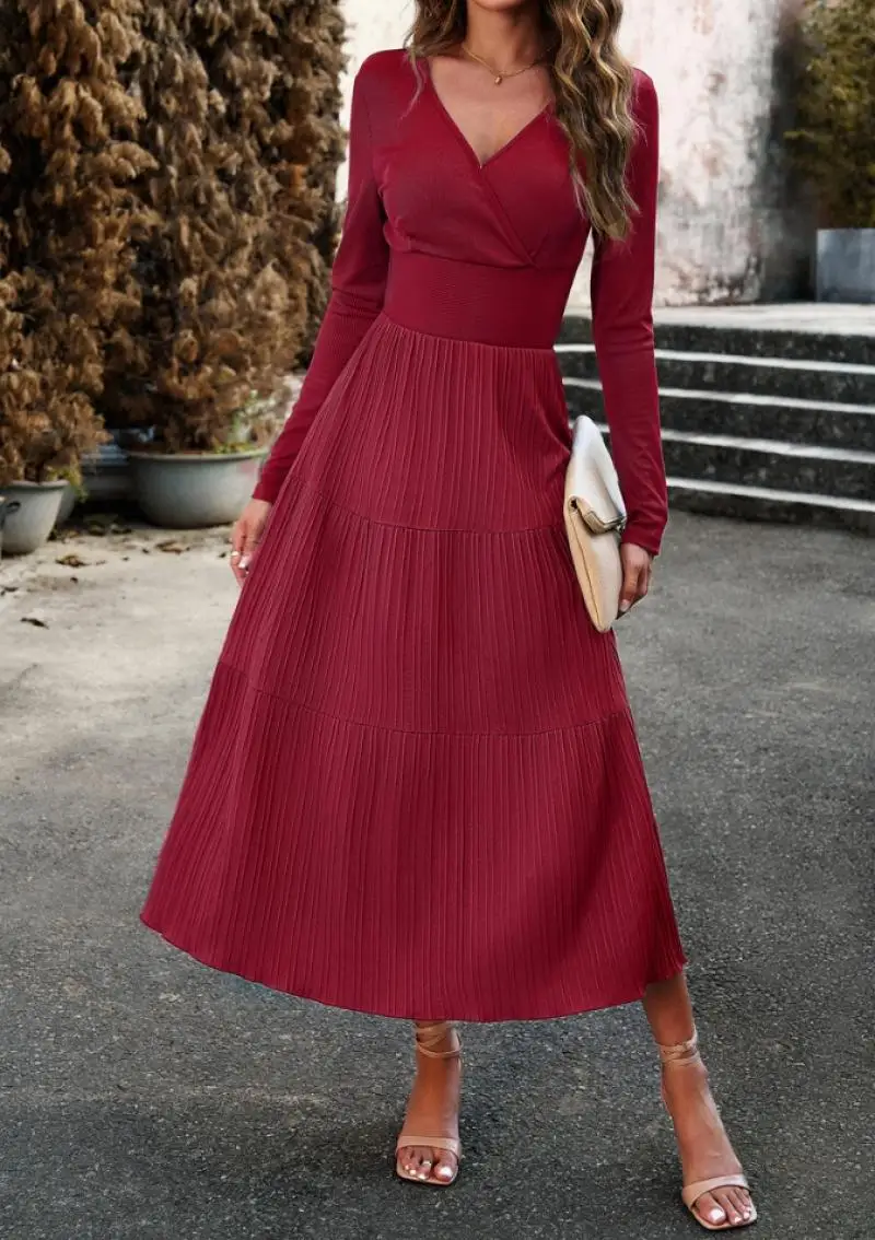 

French Elegant Women's Dresses Autumn Casual V-Neck High Waisted Knitted Splicing Daily Commuter Long Sleeve Elegant Long Dress