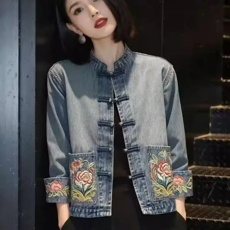 New Women's Chinese Style Floral Embroidered Denim Jacket Long Sleeve Cuff Vintage Casual Coat Ladies Spring Autumn Daily Wear