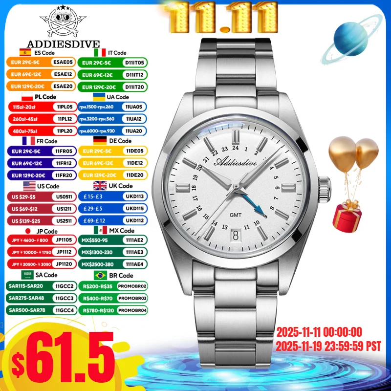 

ADDIESDIVE AD2065 36mm Men's GMT Watch Calendar Display BGW9 Super Luminous Reloj Hombre 100m Waterproof Quartz Watches