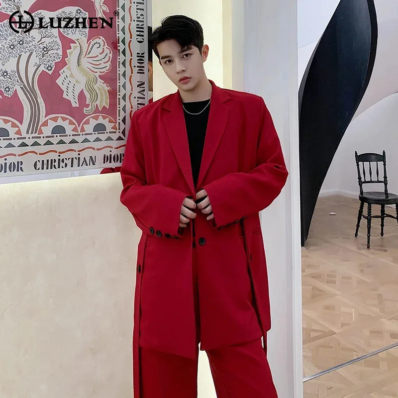 

LUZHEN 2026 Spring New Solid Color Buttoned Ribbon Patchwork Decorate Blazer Coat Men Solid Color Elegant Handsome Jacket JY6390