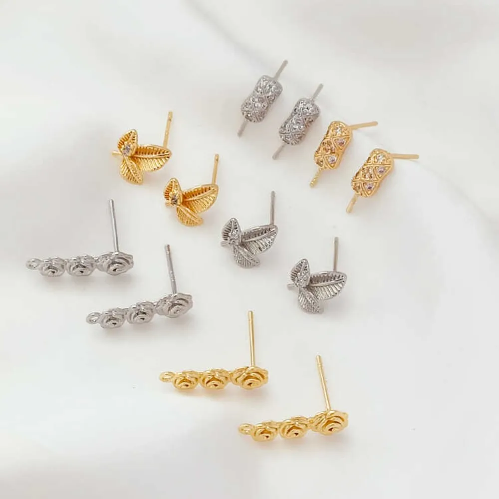 14K Copper-clad Gold Rose S925 Silver Ear Stud Accessories Diy Handcrafted Material Package Earrings and Accessories