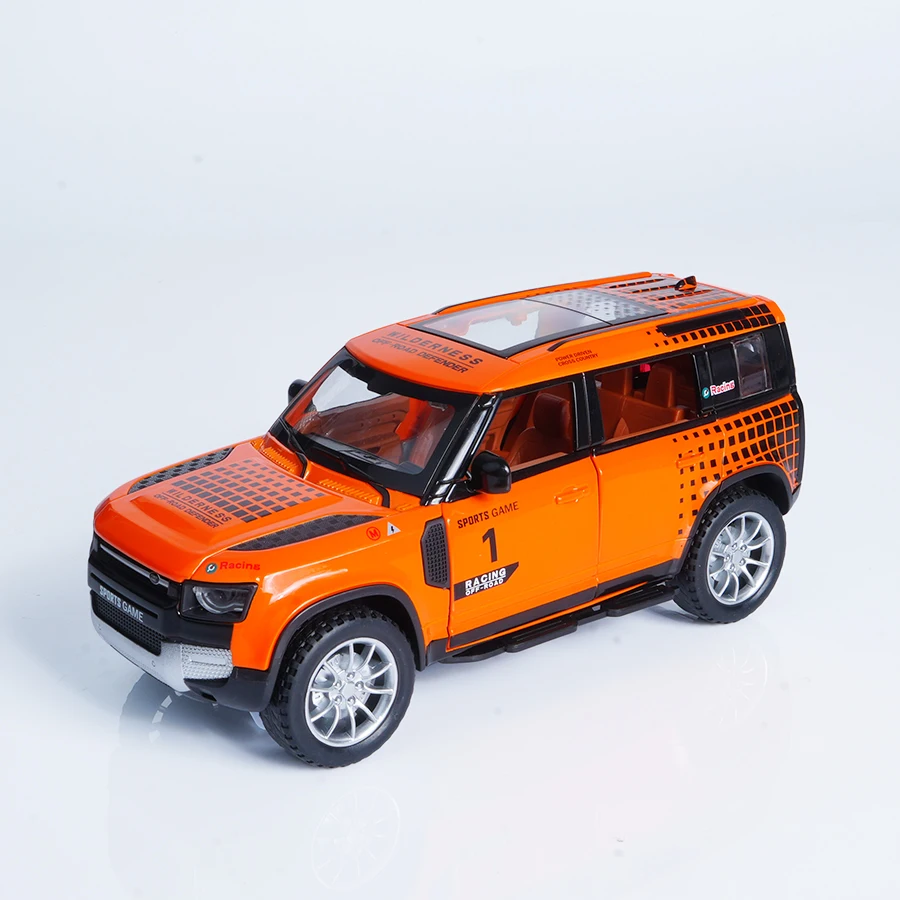 Maßstab 1:22 Legierung Orange Land Rover Automodell Spielzeugauto (kostenlose Anzeigebox), hochwertiges Automodell aus Druckguss ohne elektrischen Rückzugs-Doppeltür-Sportwagen, kreatives Sportthema, Autoventilator |   Ideales Geschenk für Männer, Desktop |   Kreative Heimtextilien-Dekoration, simulierte modische Fahrzeugsammlungen aus Metall, Partygeschenke, Geburtstage |   Weihnachtsgeschenk (Ostern / Weihnachten / Halloween)