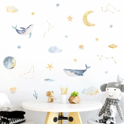 Cartoon Cute Whales Star Moon Shell Conch Watercolor Vinyl Wall Sticker Nursery Wall Decals Kids Room Boys Girls Room Home Decor